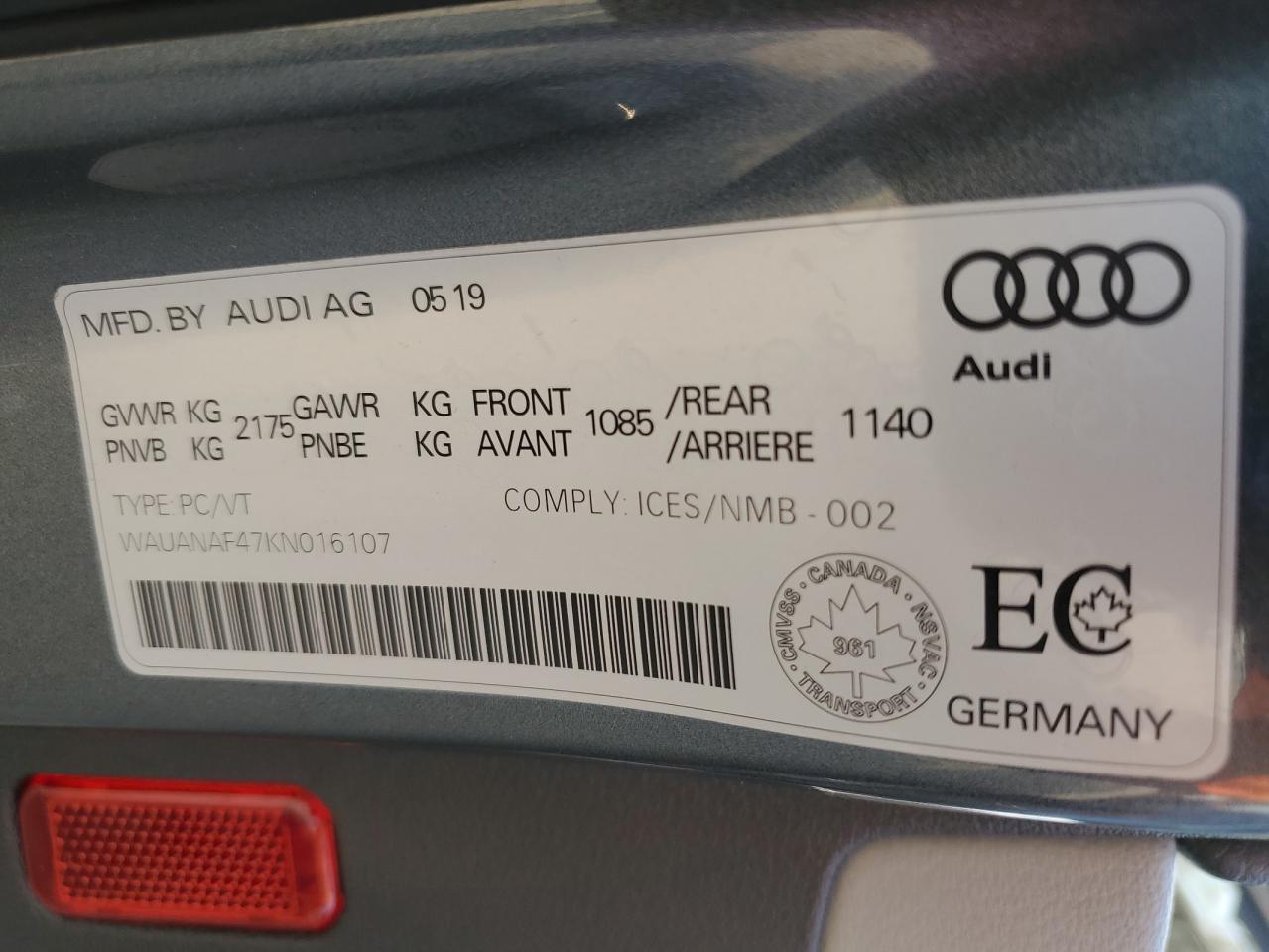 2019 Audi A4 Komfort VIN: WAUANAF47KN016107 Lot: 70417164