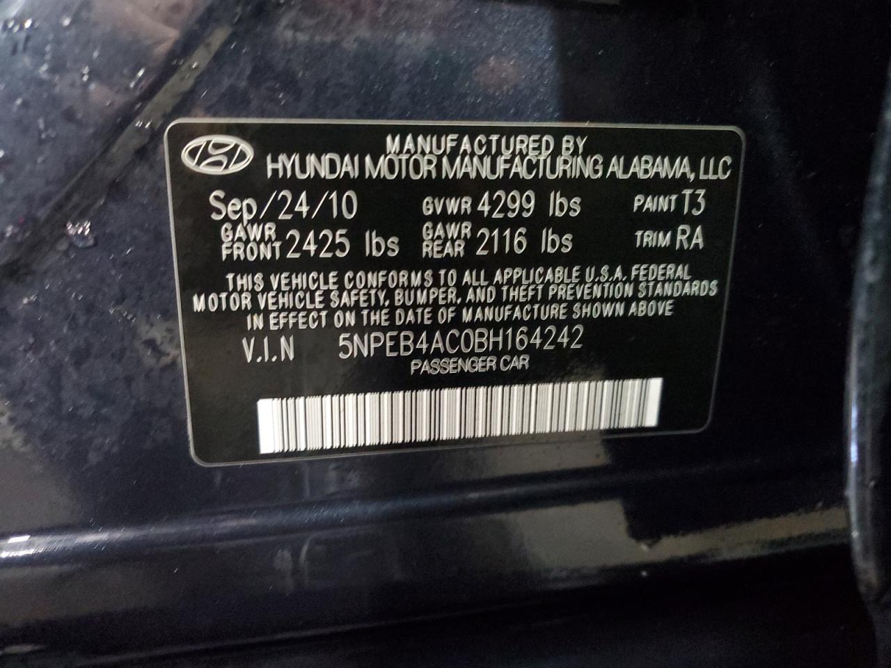 5NPEB4AC0BH164242 2011 Hyundai Sonata Gls