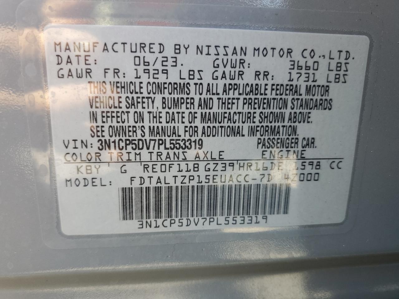 3N1CP5DV7PL553319 2023 Nissan Kicks Sr