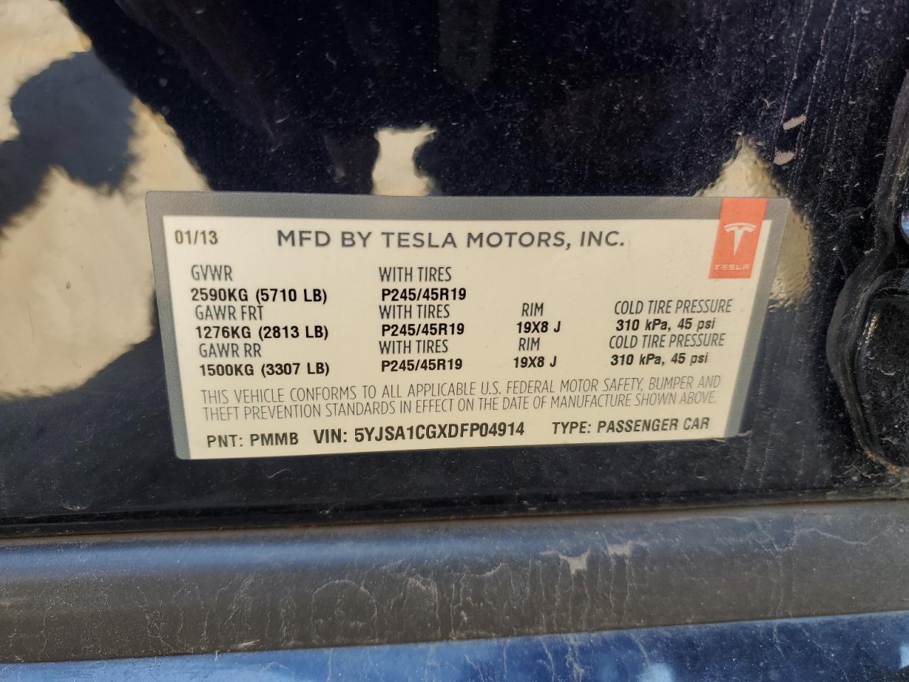 2013 Tesla Model S VIN: 5YJSA1CGXDFP04914 Lot: 71757854