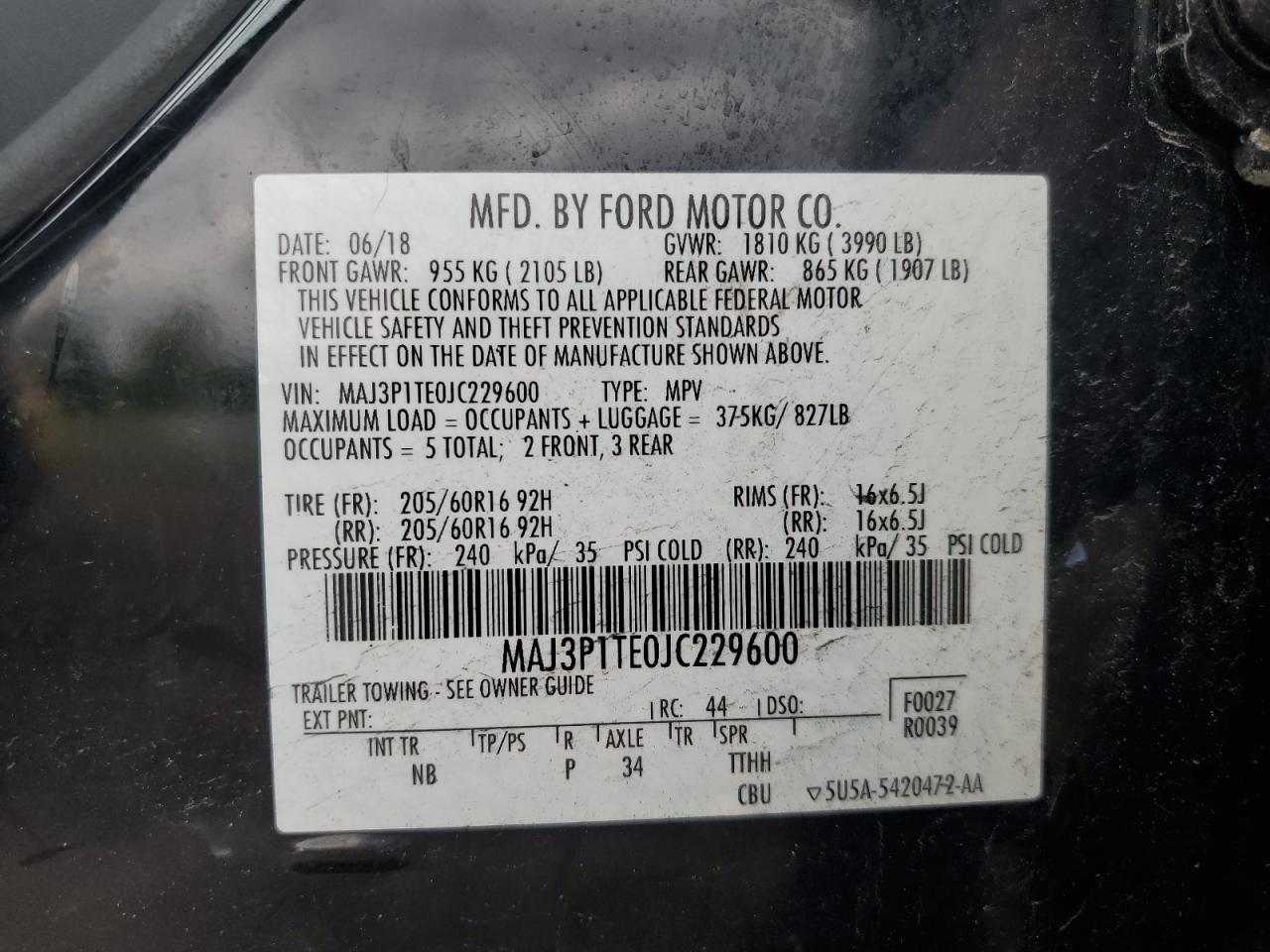 MAJ3P1TE0JC229600 2018 Ford Ecosport Se