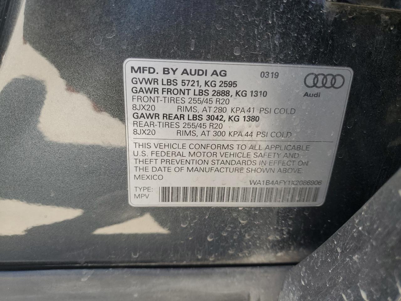 2019 Audi Sq5 Premium Plus VIN: WA1B4AFY1K2086906 Lot: 71392894