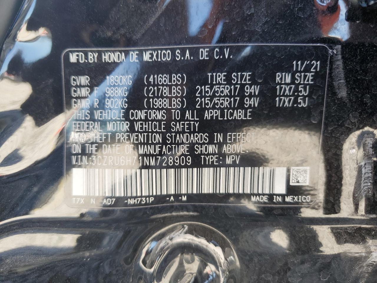 3CZRU6H71NM728909 2022 Honda Hr-V Exl