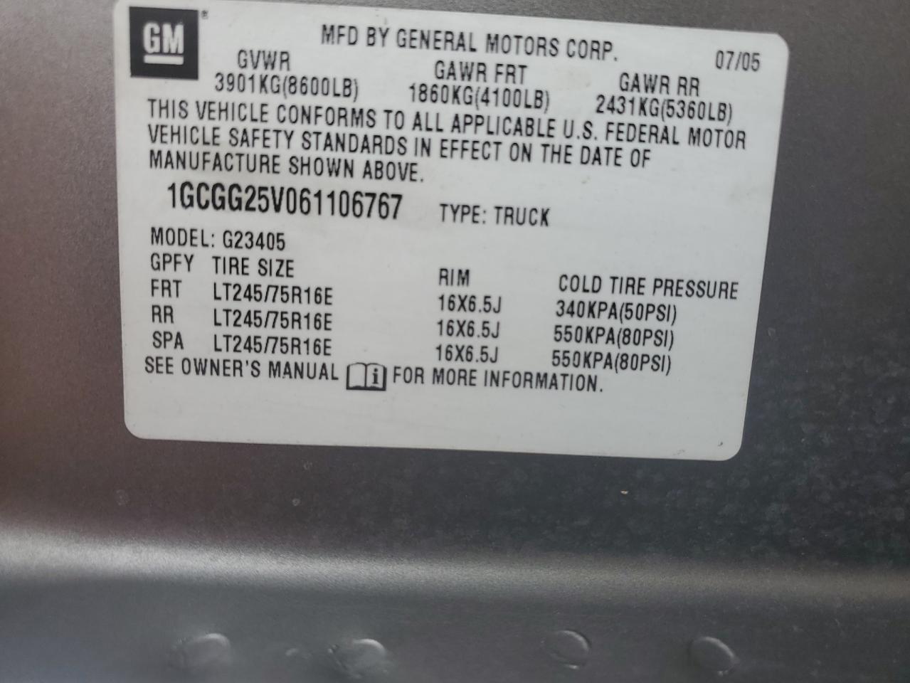 1GCGG25V061106767 2006 Chevrolet Express G2500