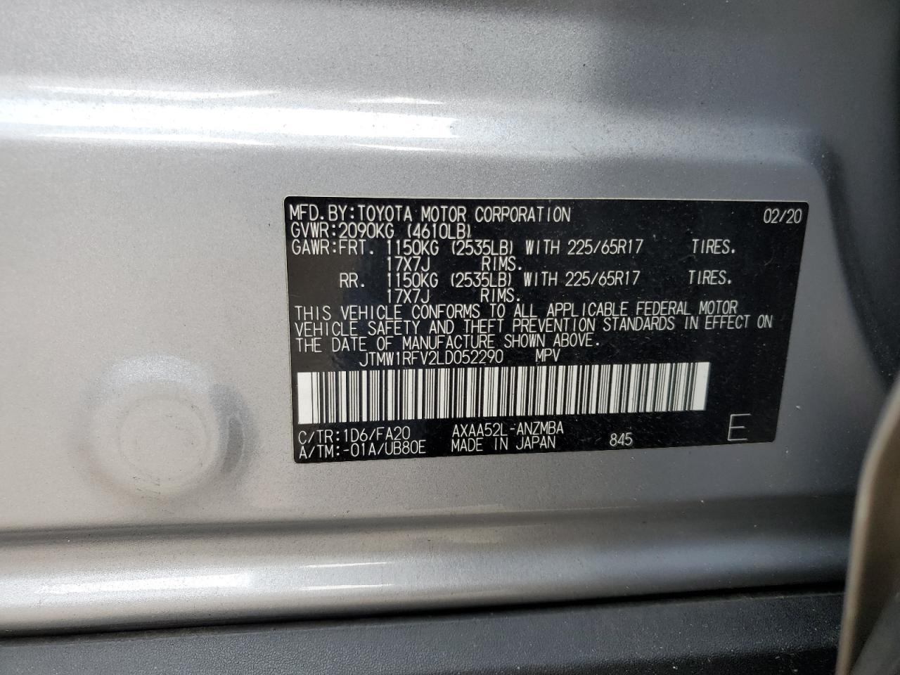 JTMW1RFV2LD052290 2020 Toyota Rav4 Xle