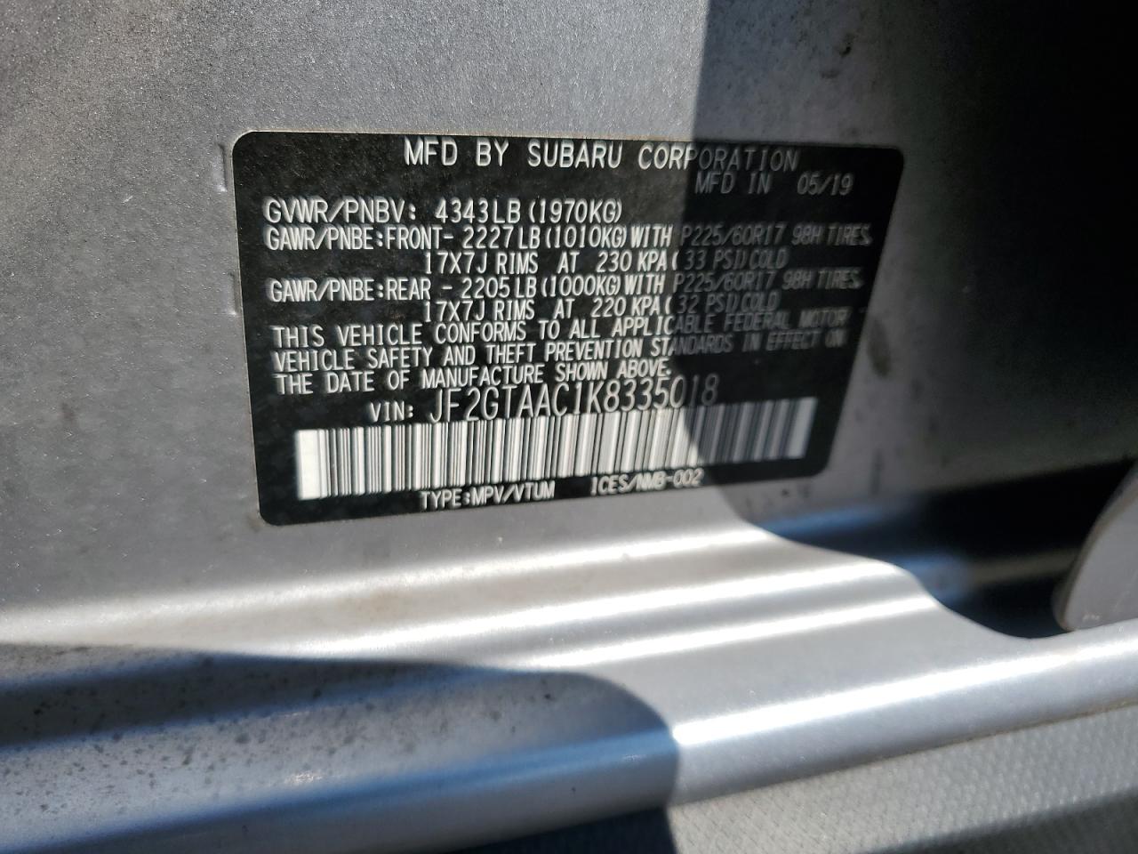 JF2GTAAC1K8335018 2019 Subaru Crosstrek