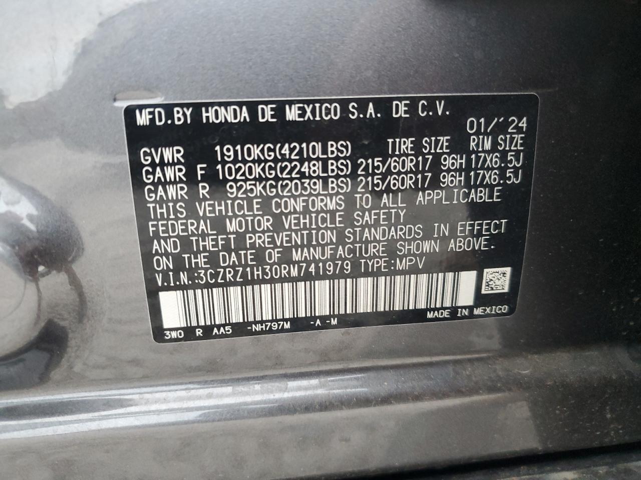 3CZRZ1H30RM741979 2024 Honda Hr-V Lx