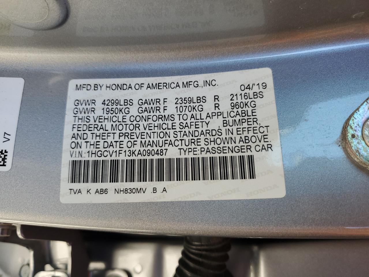 1HGCV1F13KA090487 2019 Honda Accord Lx