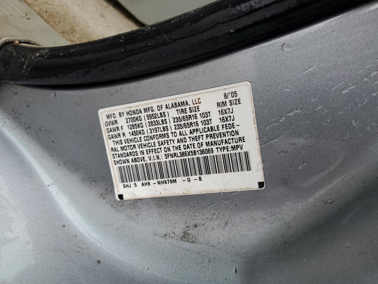 5FNRL386X5B136069 2005 Honda Odyssey Exl