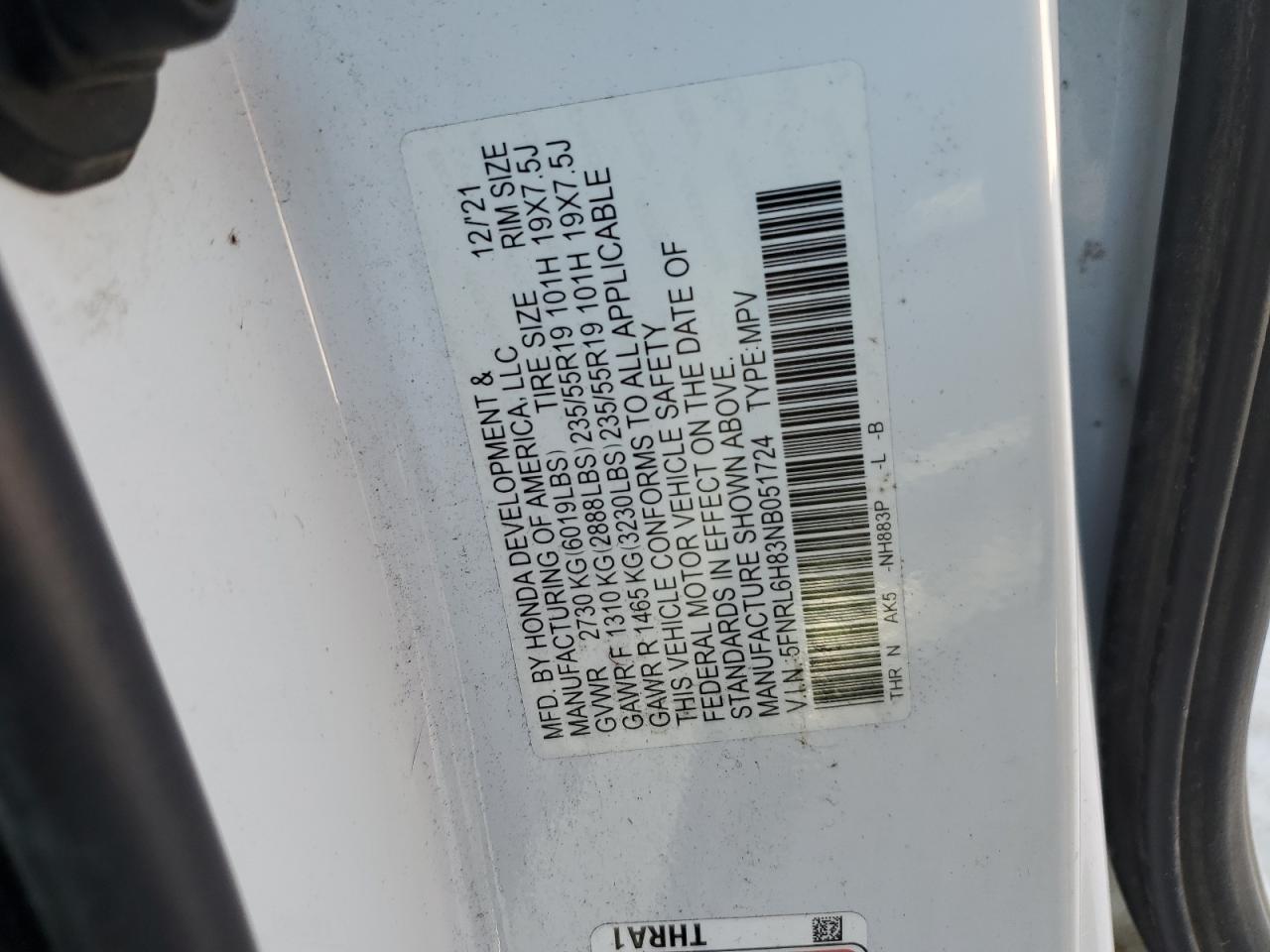 5FNRL6H83NB051724 2022 Honda Odyssey Touring