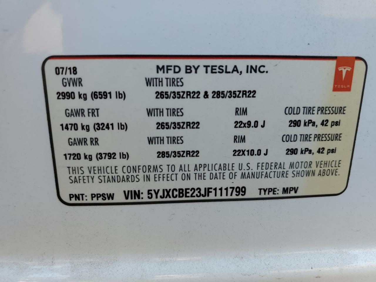 5YJXCBE23JF111799 2018 Tesla Model X