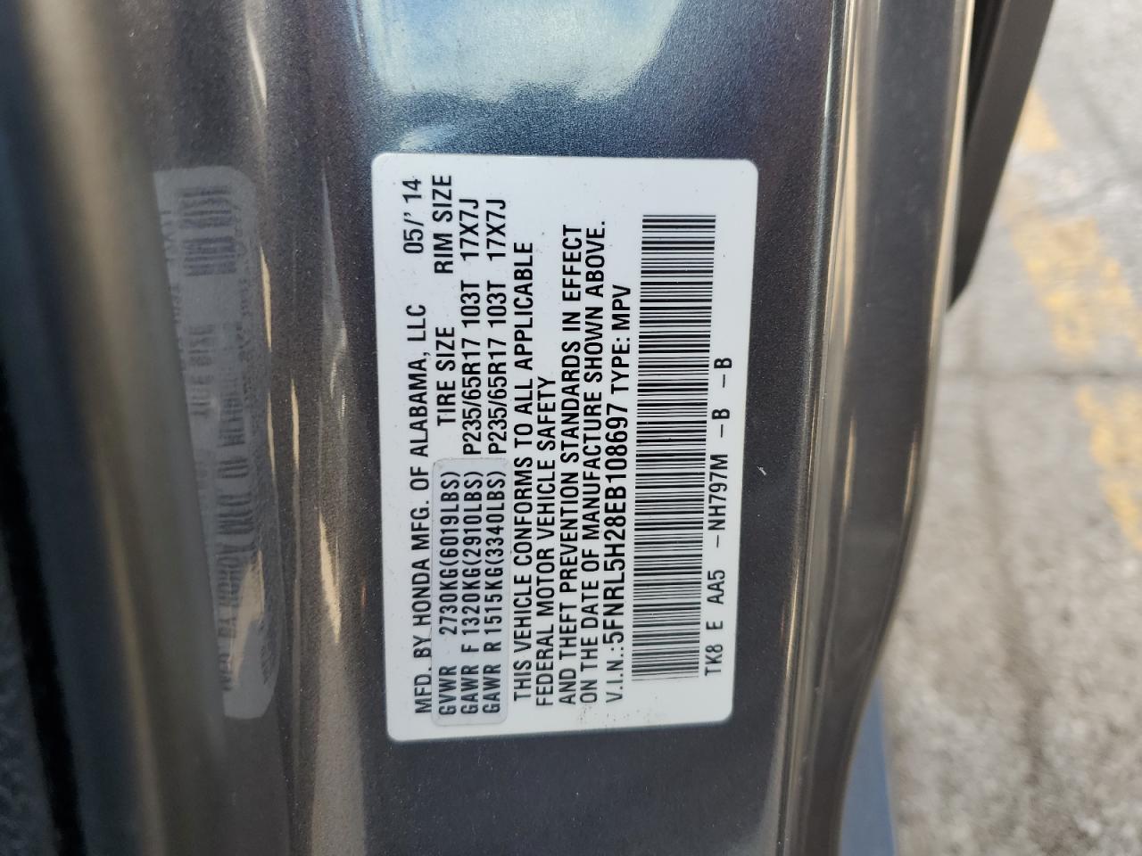 5FNRL5H28EB108697 2014 Honda Odyssey Lx