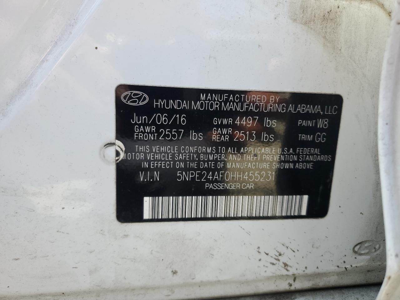 2017 Hyundai Sonata Se VIN: 5NPE24AF0HH455231 Lot: 71788654