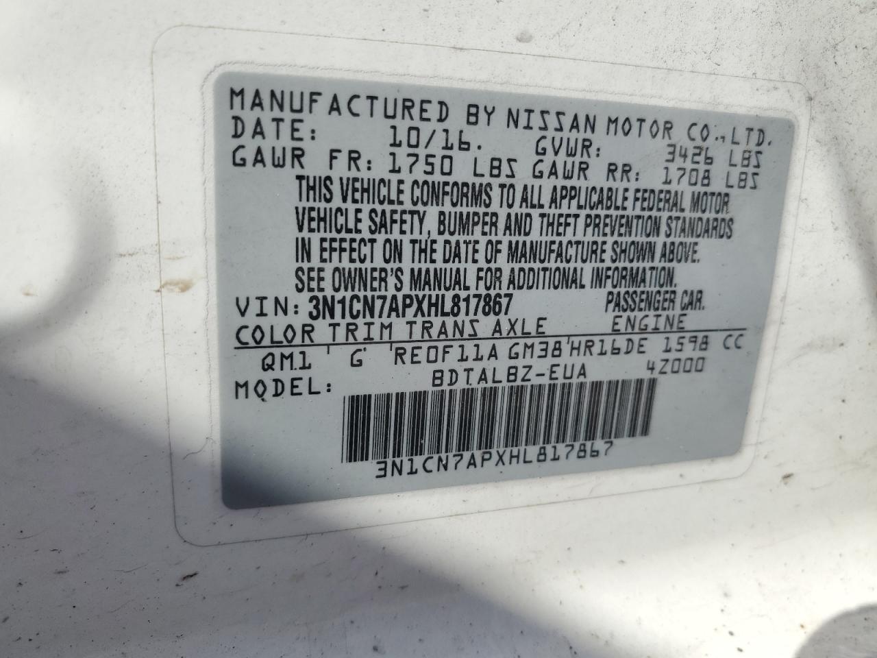 3N1CN7APXHL817867 2017 Nissan Versa S