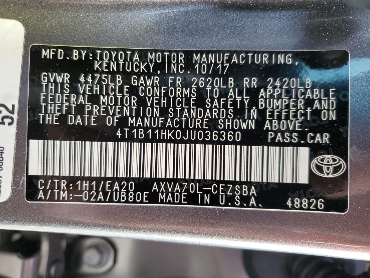 4T1B11HK0JU036360 2018 Toyota Camry L