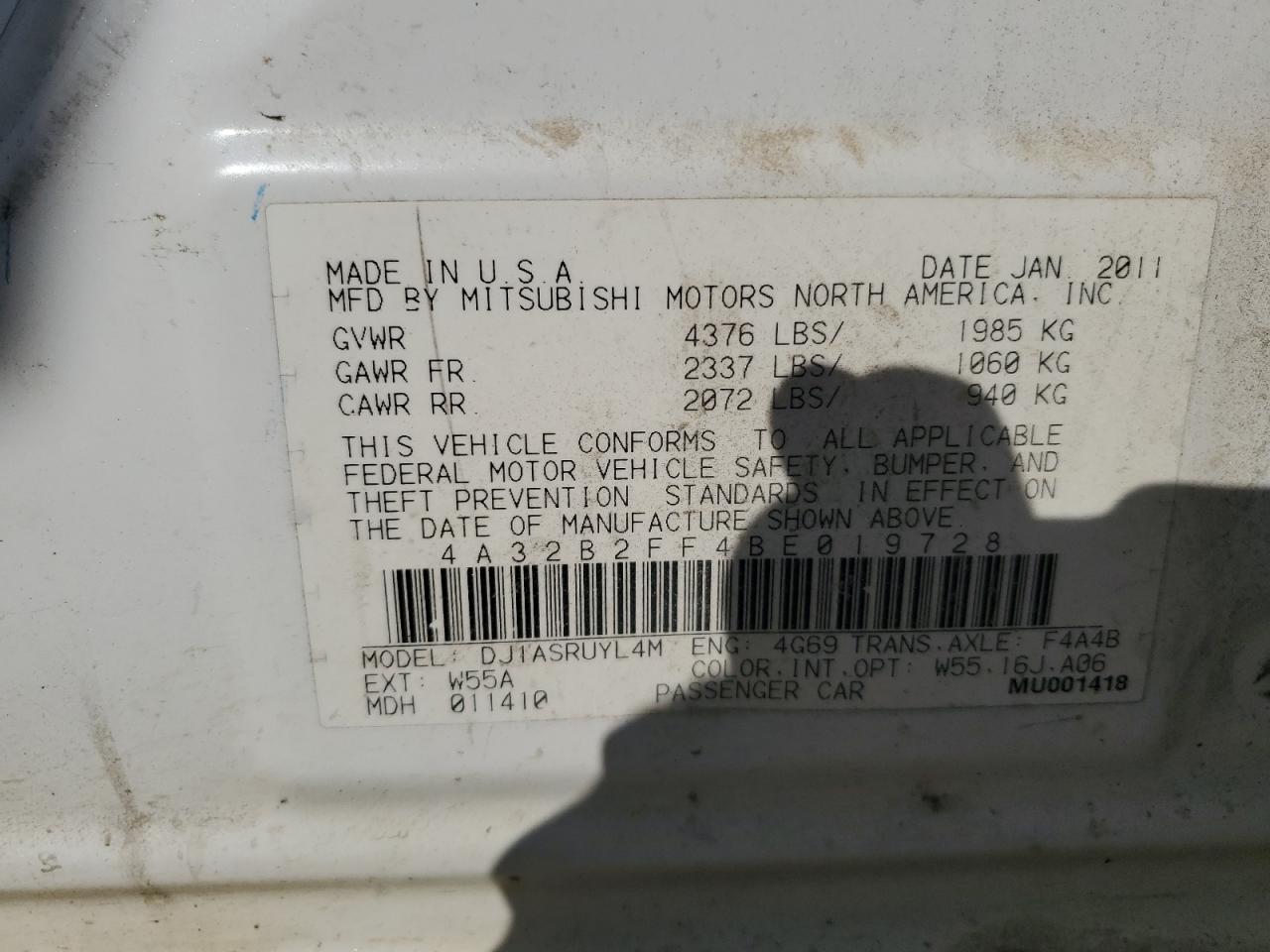 2011 Mitsubishi Galant Fe VIN: 4A32B2FF4BE019728 Lot: 73040864