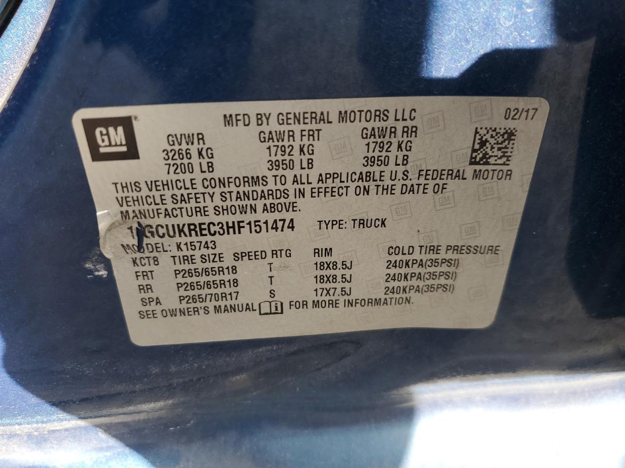 1GCUKREC3HF151474 2017 Chevrolet Silverado K1500 Lt