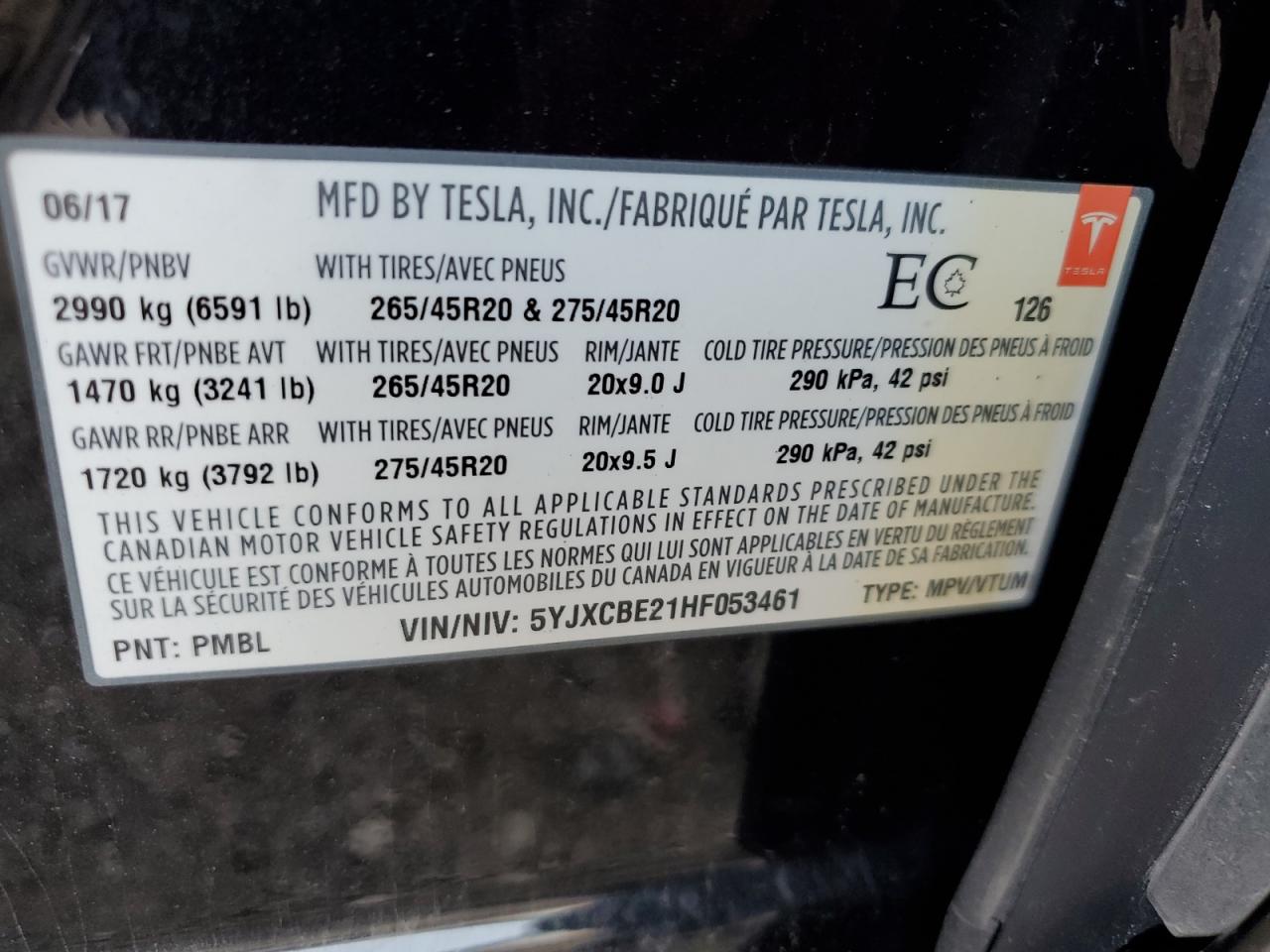 2017 Tesla Model X VIN: 5YJXCBE21HF053461 Lot: 69084694