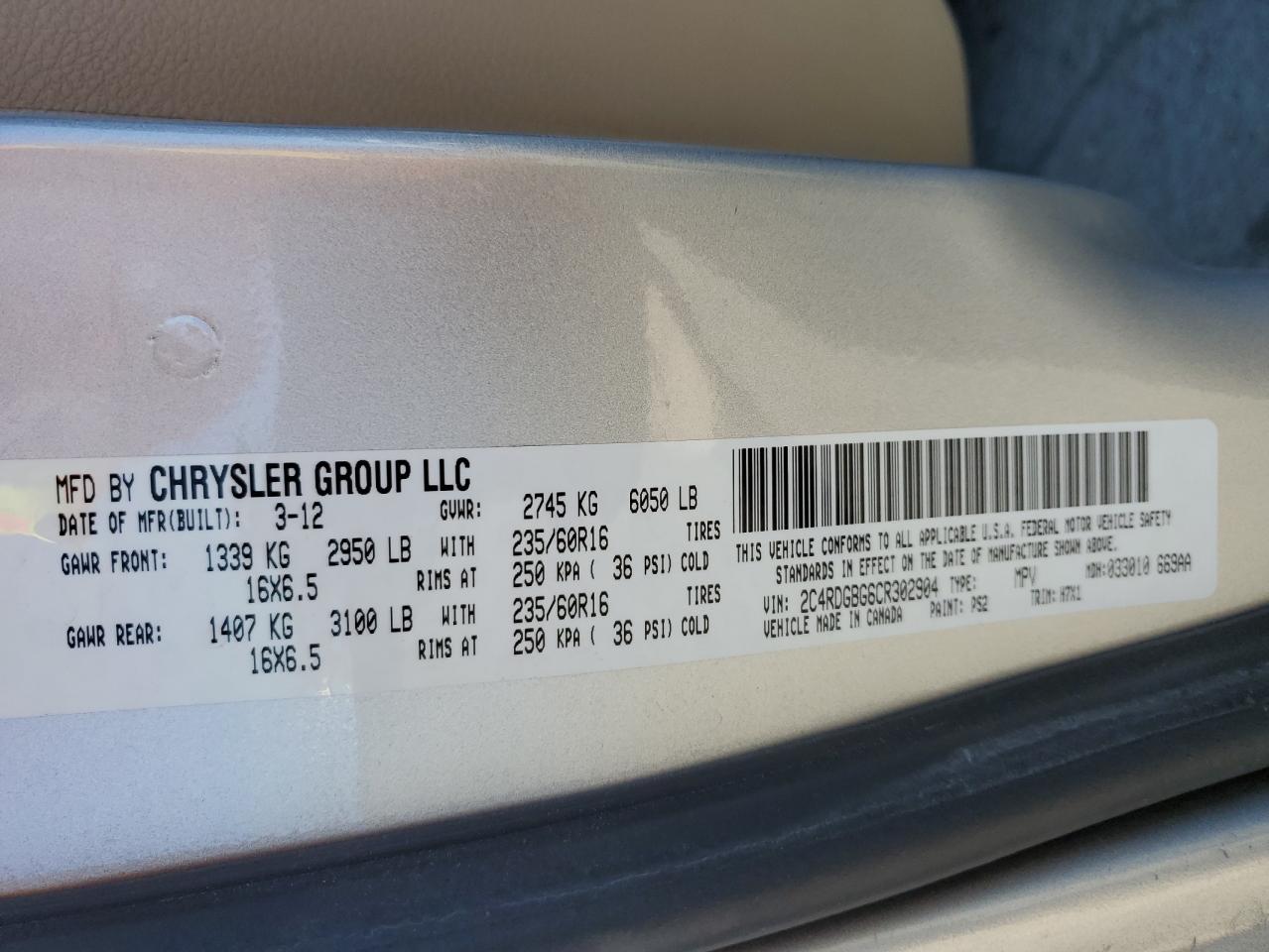 2C4RDGBG6CR302904 2012 Dodge Grand Caravan Se