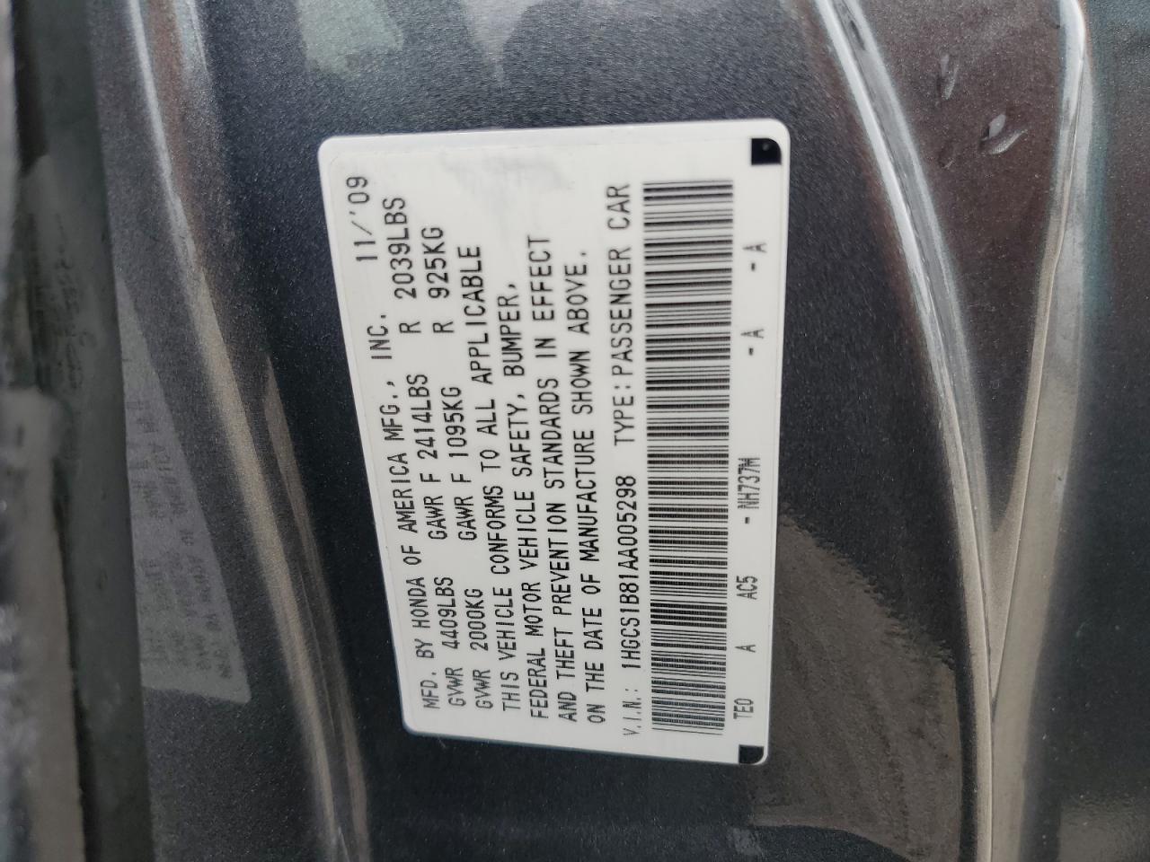 1HGCS1B81AA005298 2010 Honda Accord Exl