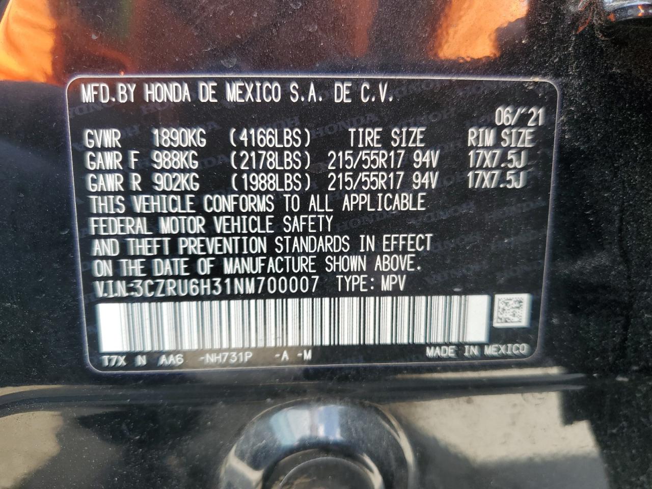 3CZRU6H31NM700007 2022 Honda Hr-V Lx