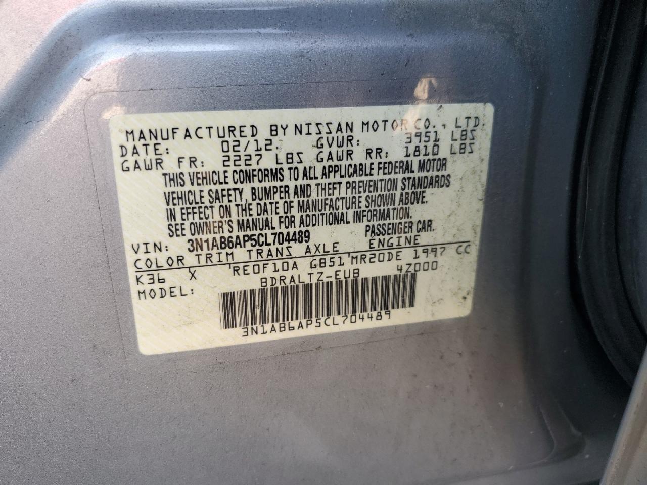 3N1AB6AP5CL704489 2012 Nissan Sentra 2.0