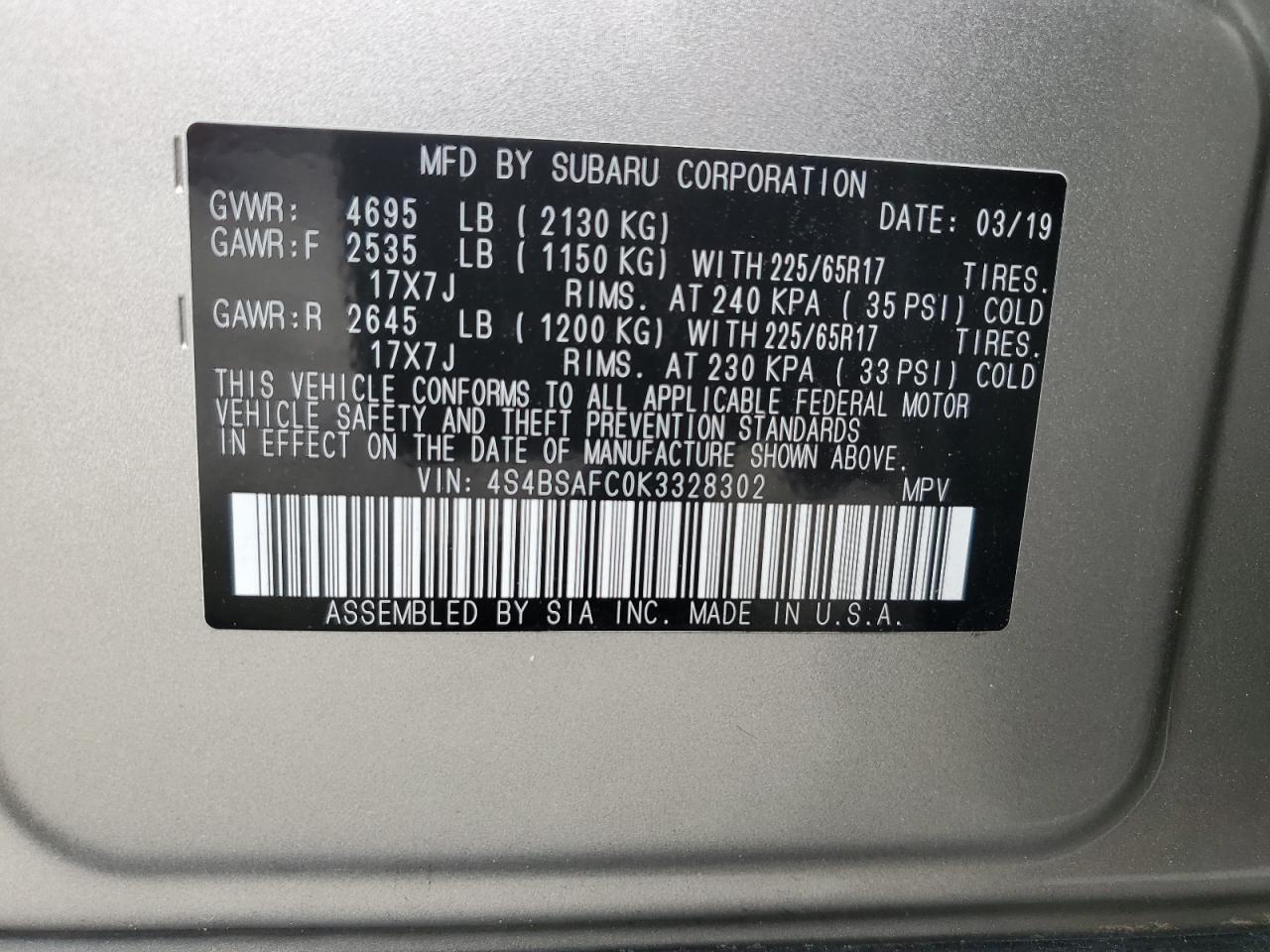 4S4BSAFC0K3328302 2019 Subaru Outback 2.5I Premium