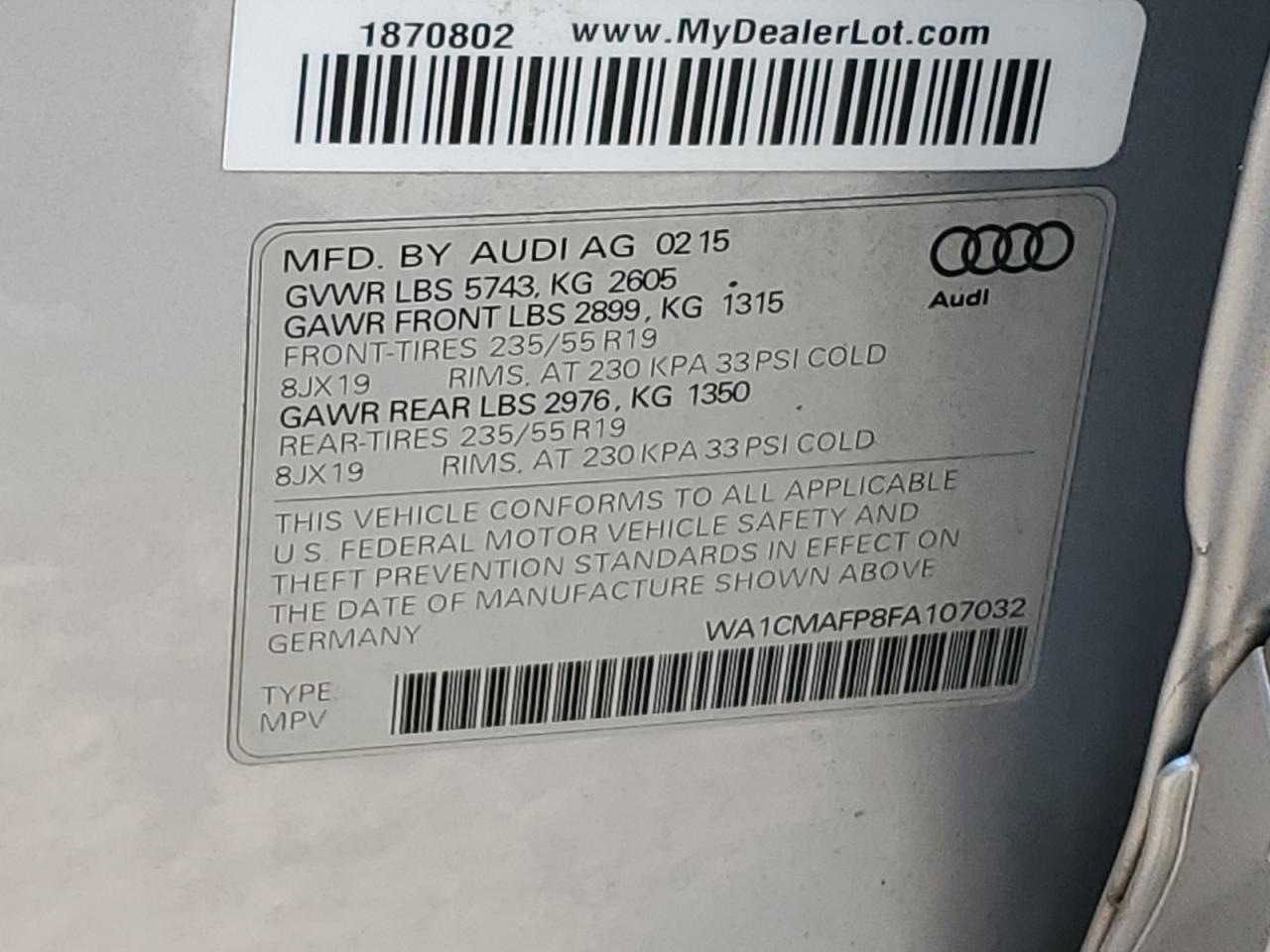 WA1CMAFP8FA107032 2015 Audi Q5 Tdi Premium Plus