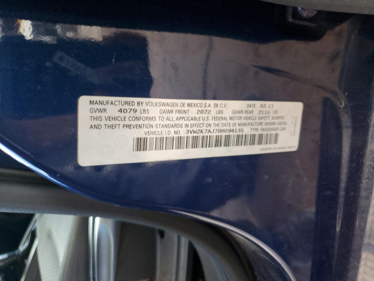 2011 Volkswagen Jetta Base VIN: 3VW2K7AJ7BM094135 Lot: 71879164