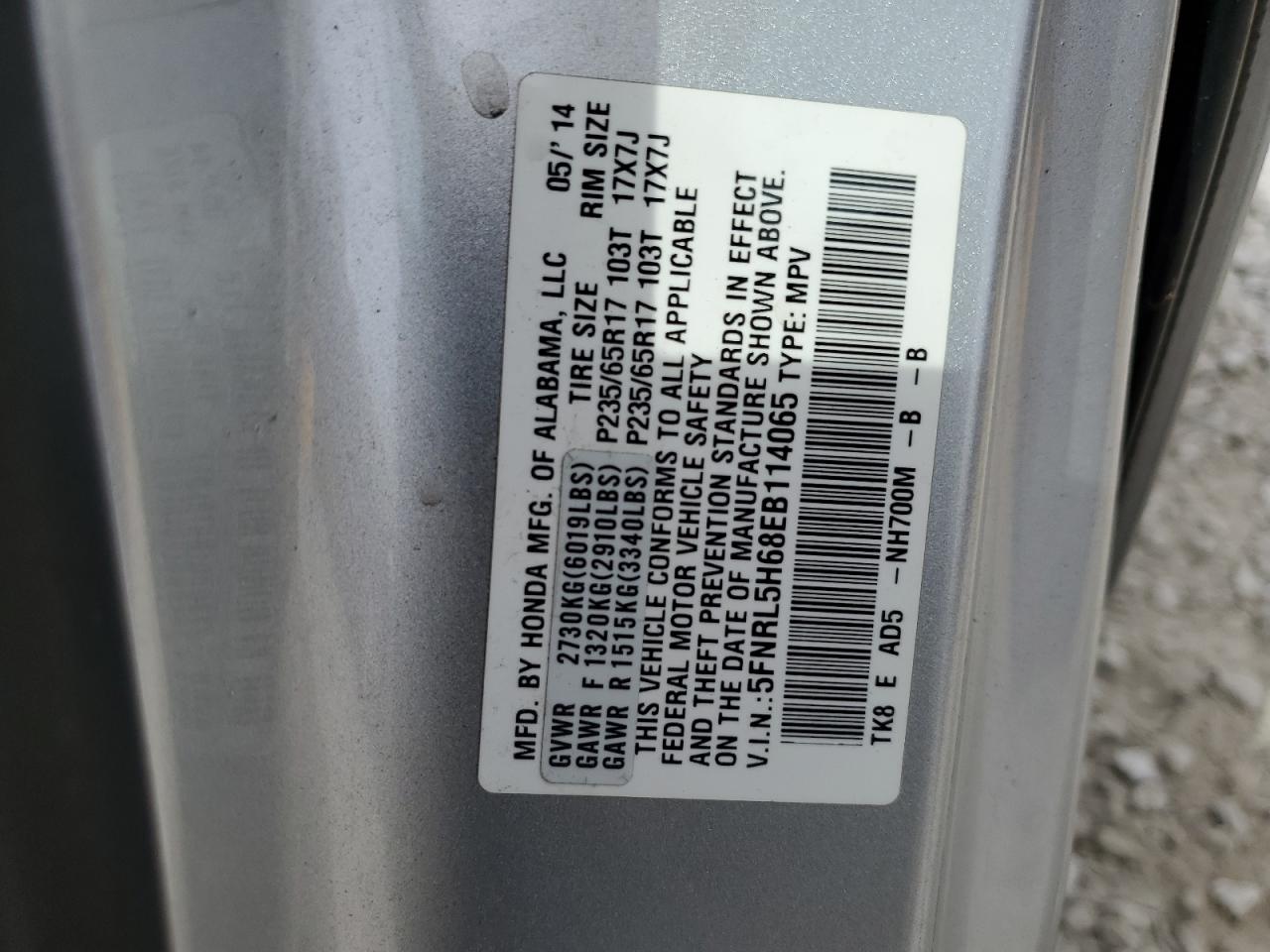 5FNRL5H68EB114065 2014 Honda Odyssey Exl