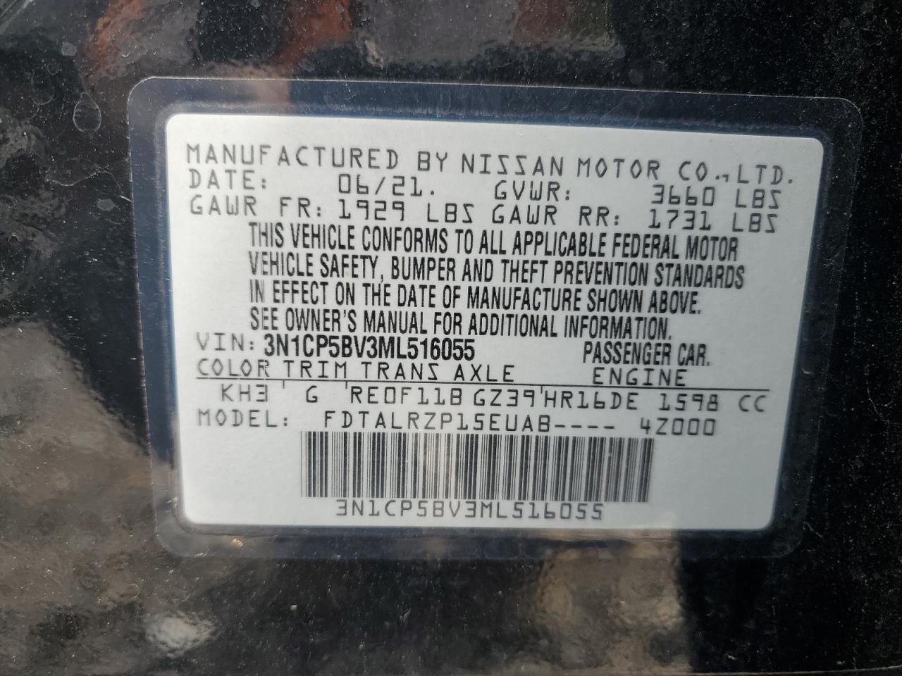 3N1CP5BV3ML516055 2021 Nissan Kicks S