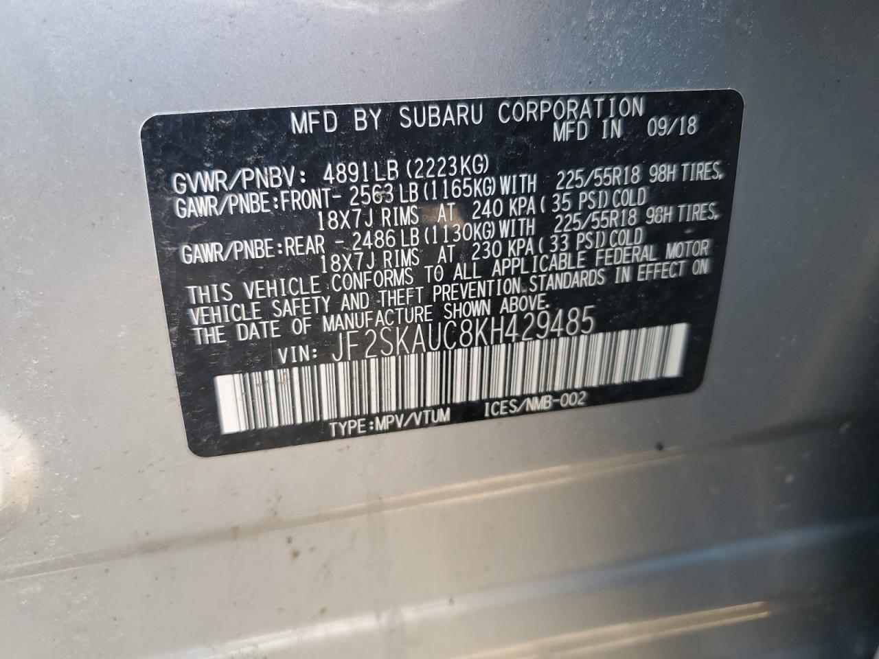 JF2SKAUC8KH429485 2019 Subaru Forester Limited