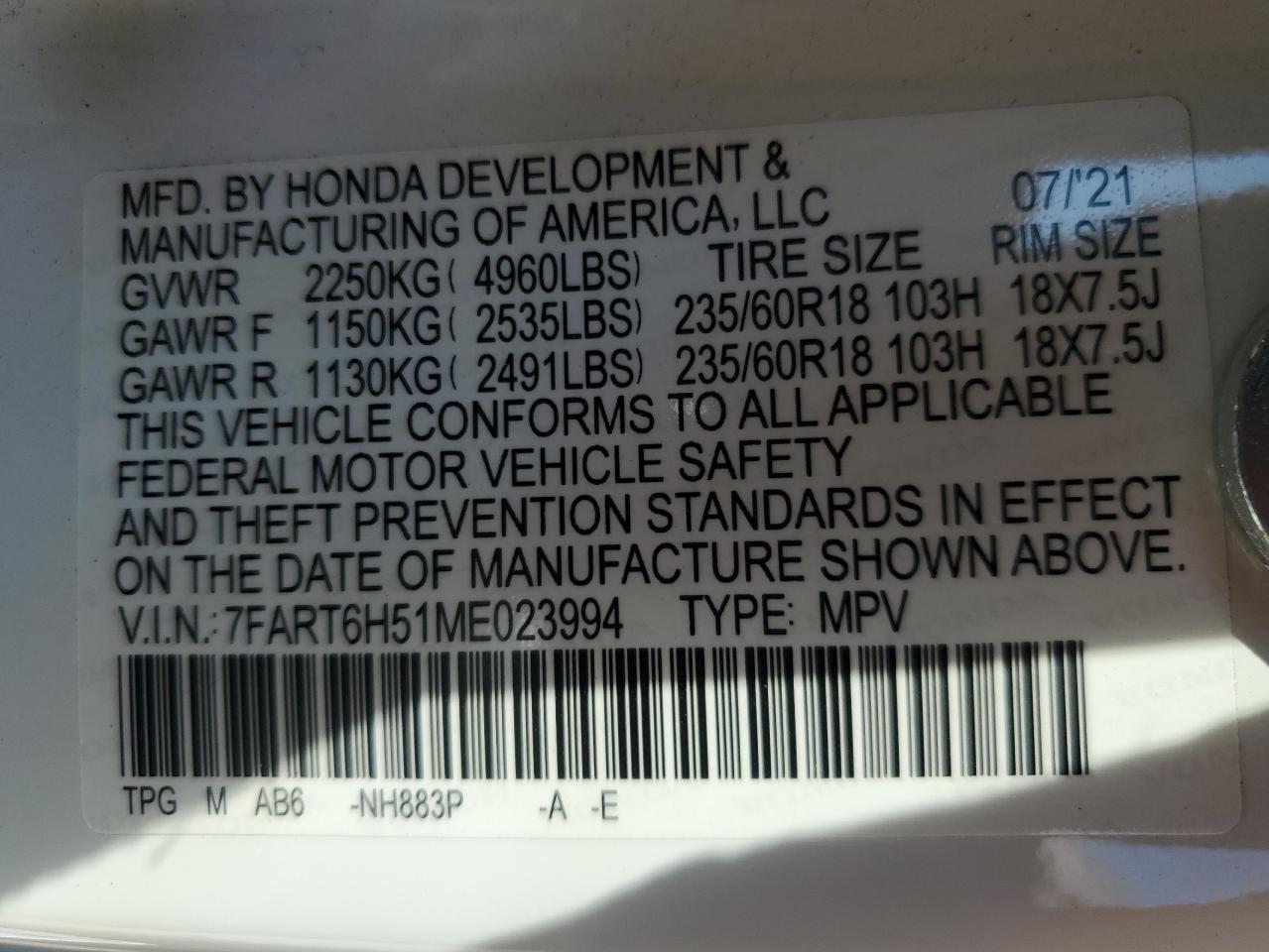 7FART6H51ME023994 2021 Honda Cr-V Ex