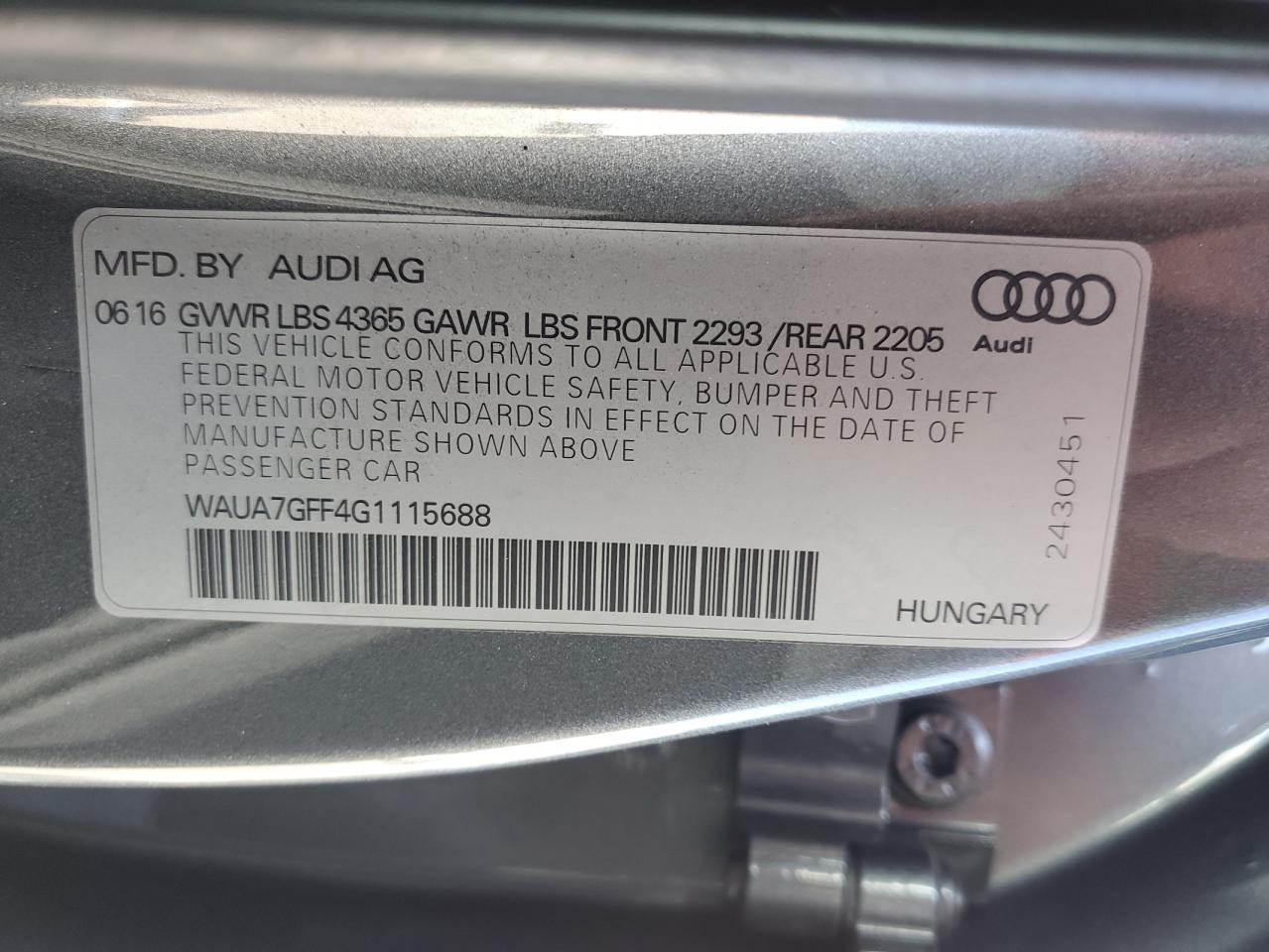 WAUA7GFF4G1115688 2016 Audi A3 Premium