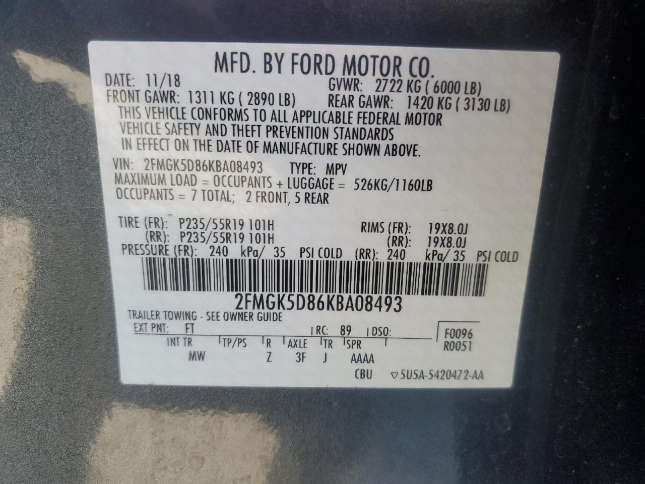 2019 Ford Flex Limited VIN: 2FMGK5D86KBA08493 Lot: 70821834