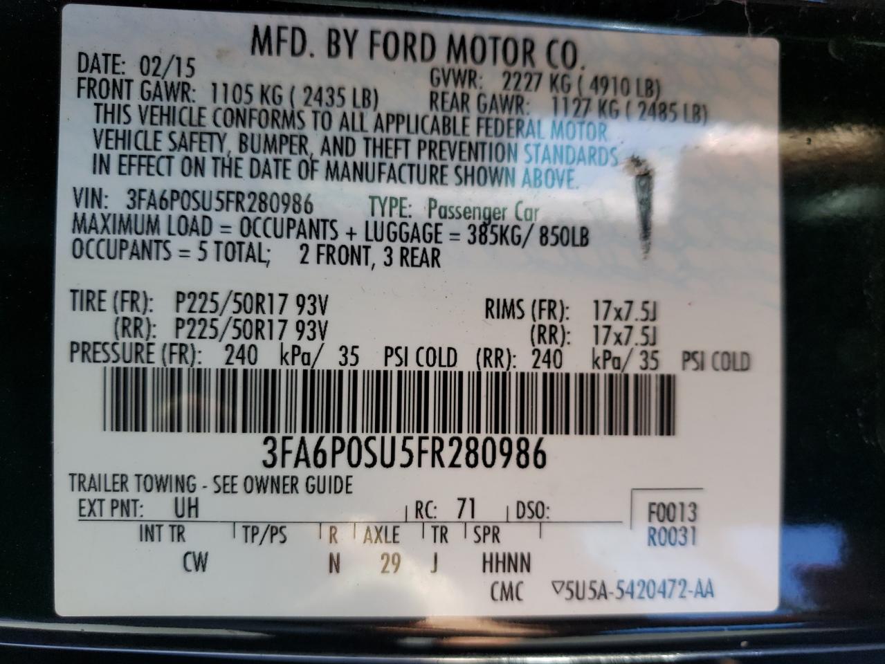 3FA6P0SU5FR280986 2015 FORD FUSION - Image 13