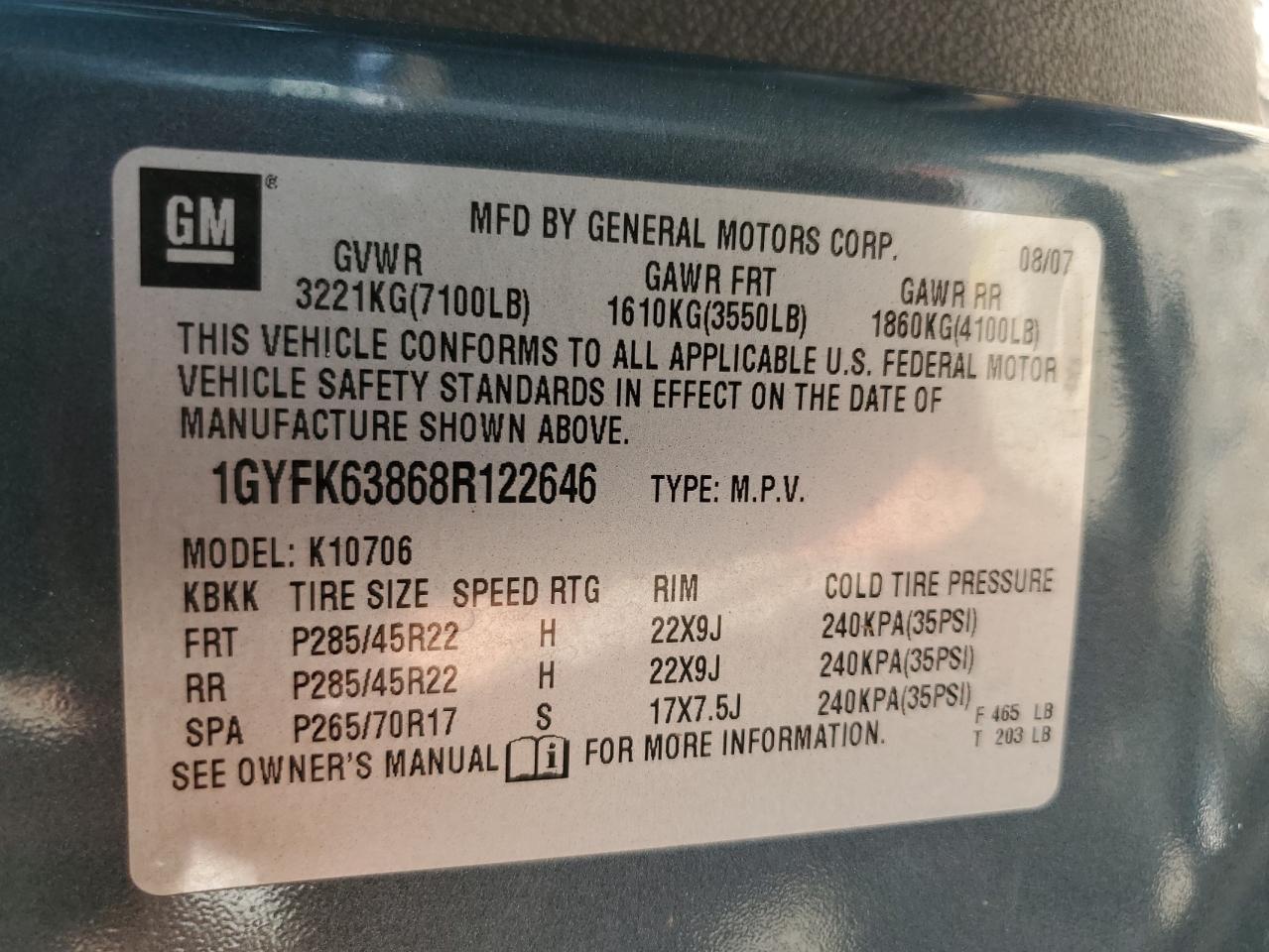 1GYFK63868R122646 2008 Cadillac Escalade Luxury