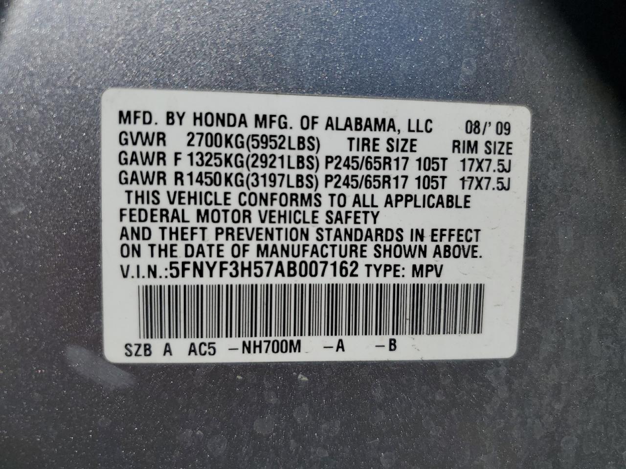 2010 Honda Pilot Exl VIN: 5FNYF3H57AB007162 Lot: 72840094