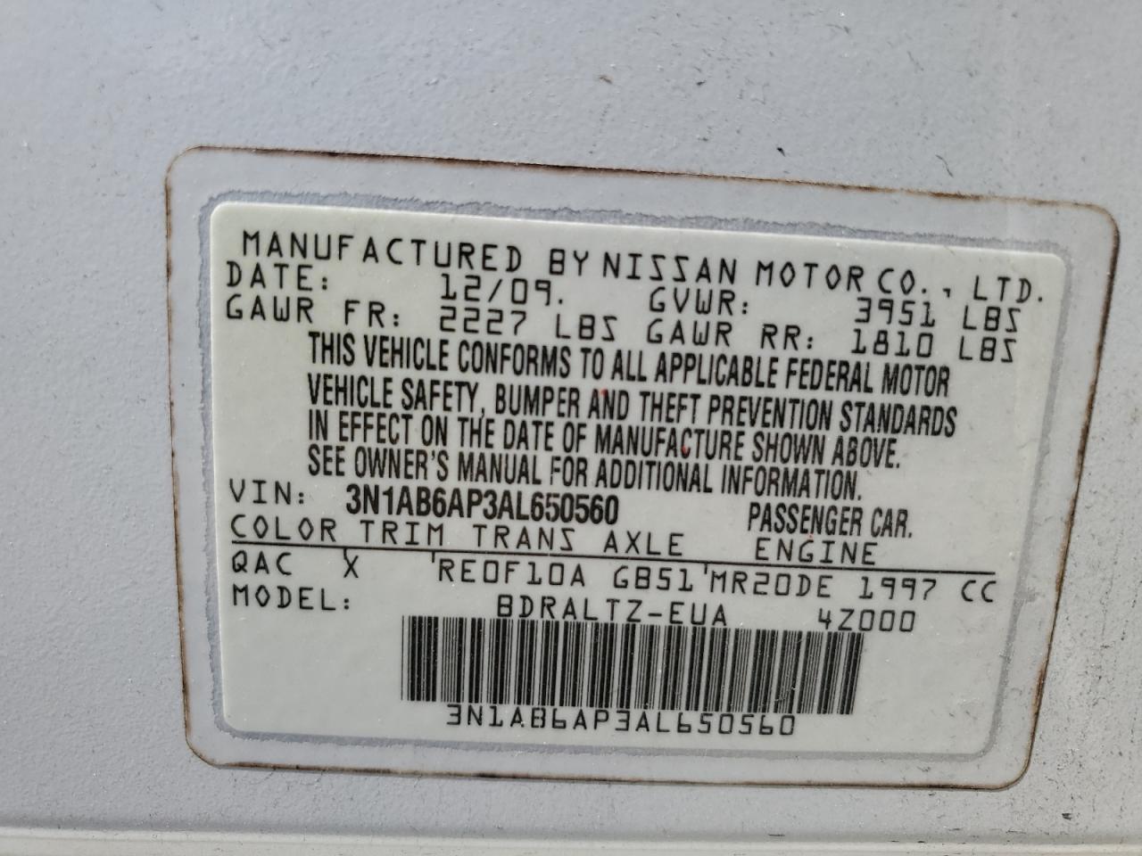 3N1AB6AP3AL650560 2010 Nissan Sentra 2.0