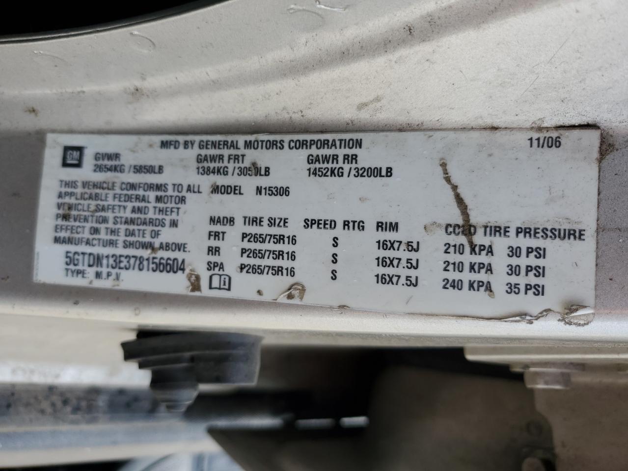 2007 Hummer H3 VIN: 5GTDN13E378156604 Lot: 69679354