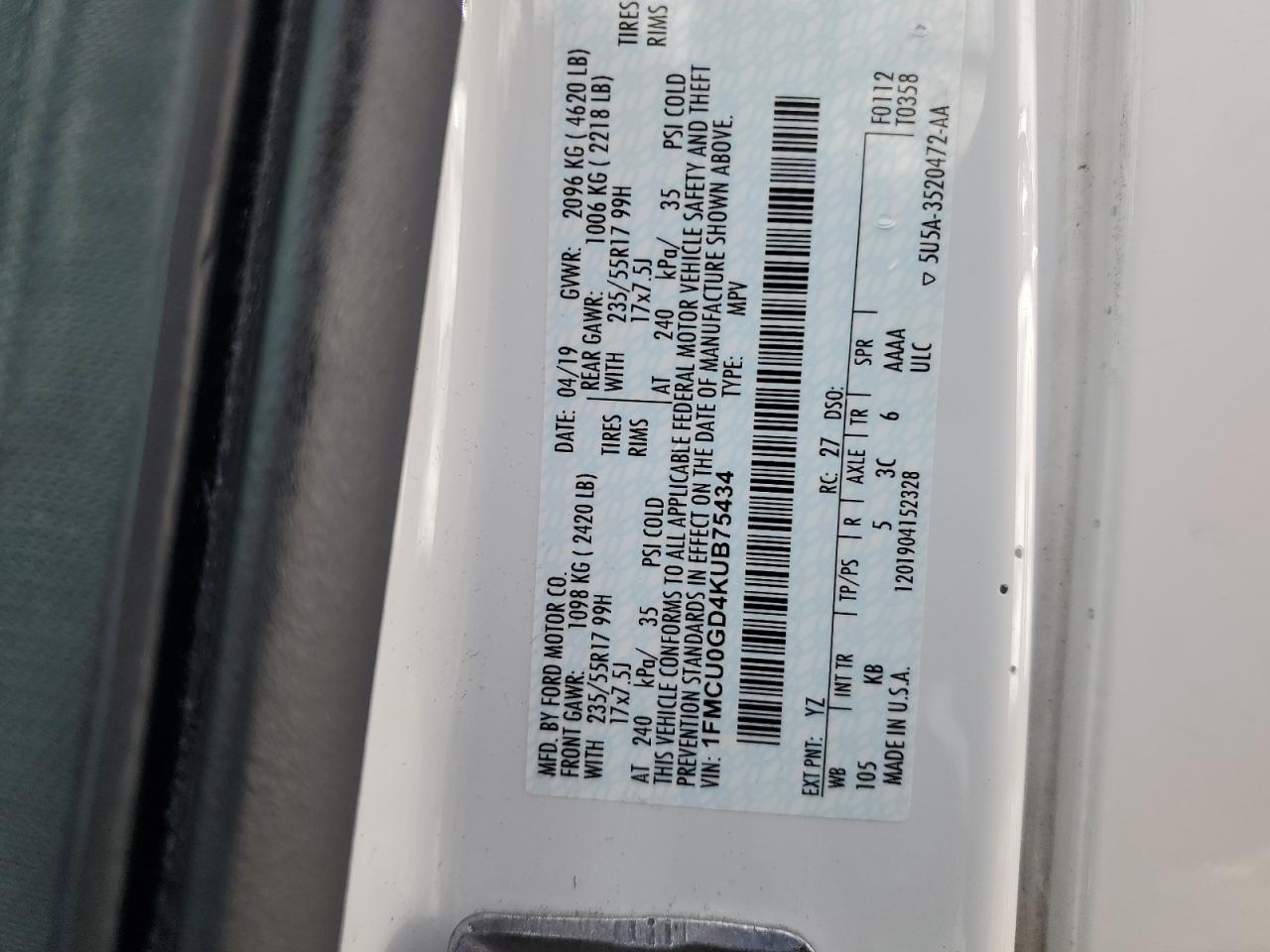 1FMCU0GD4KUB75434 2019 Ford Escape Se