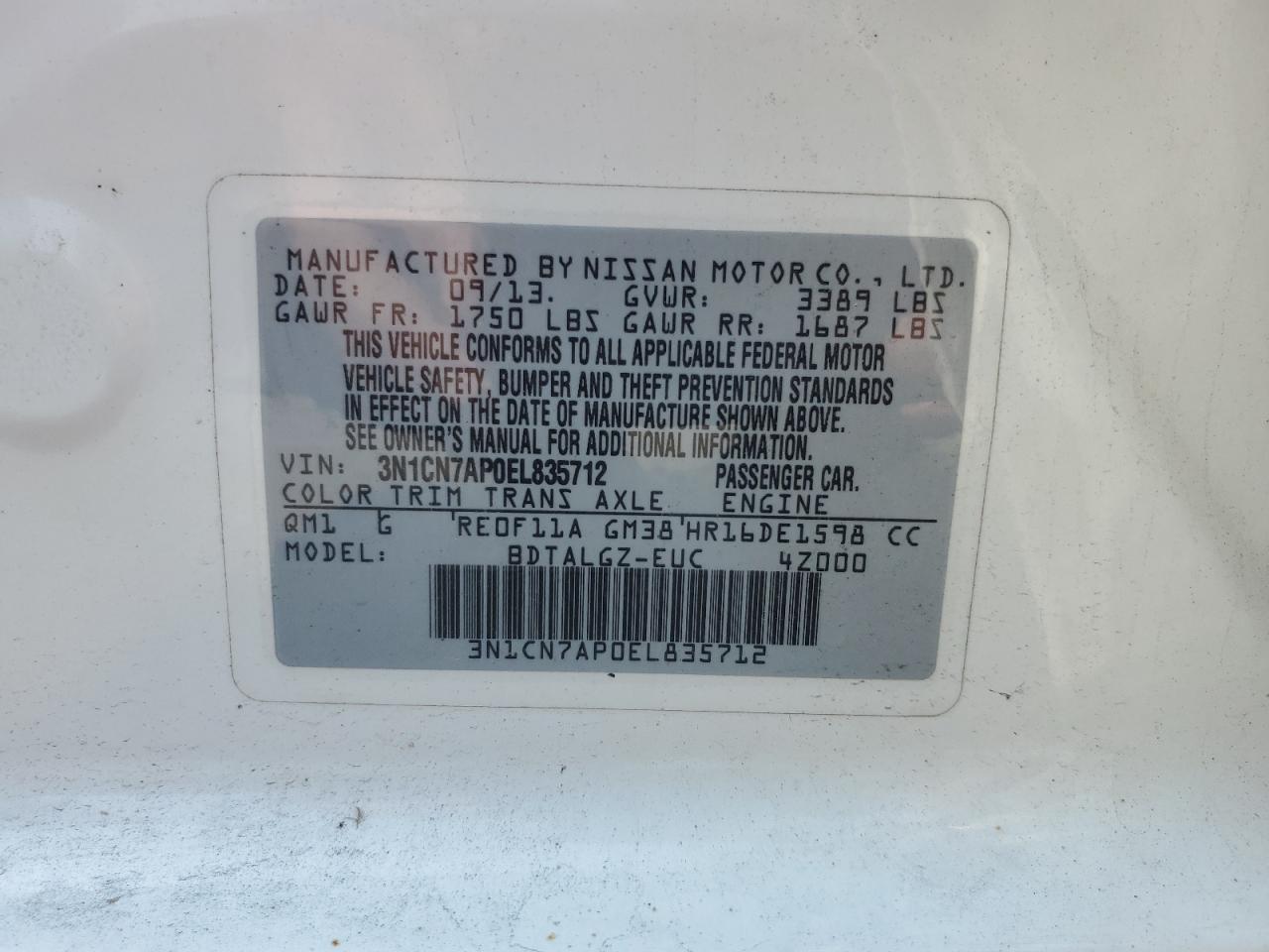 3N1CN7AP0EL835712 2014 Nissan Versa S