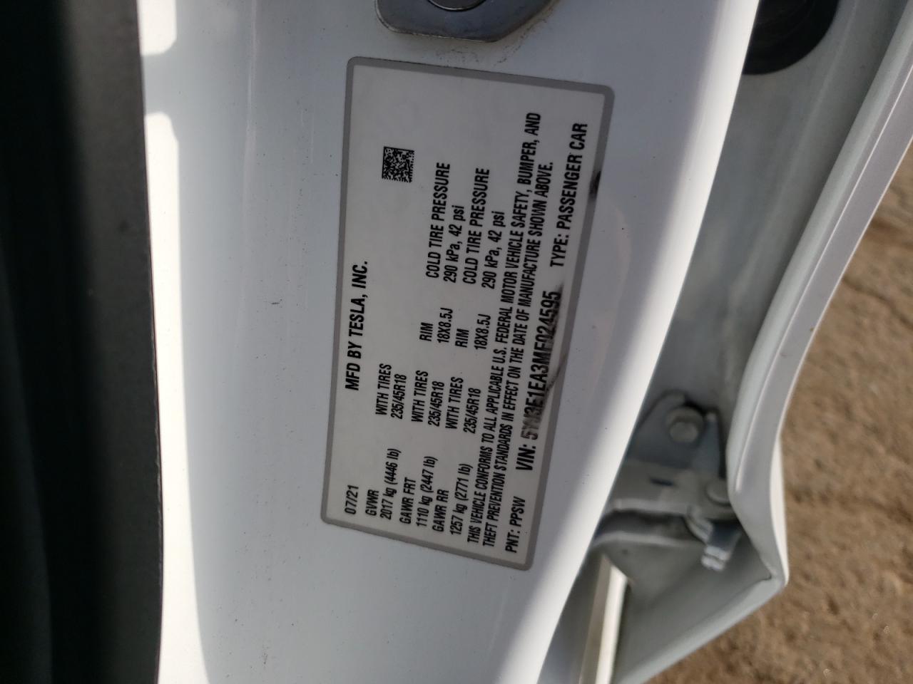 5YJ3E1EA3MF024595 2021 Tesla Model 3