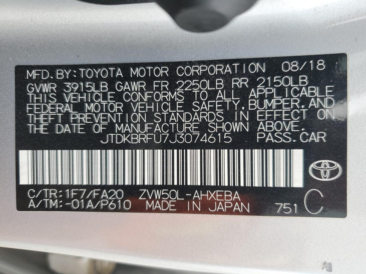 JTDKBRFU7J3074615 2018 Toyota Prius