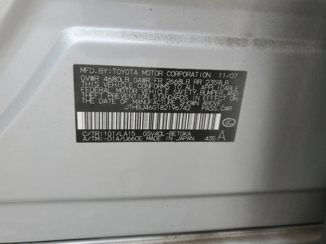 2008 Lexus Es 350 VIN: JTHBJ46G182196742 Lot: 72080884