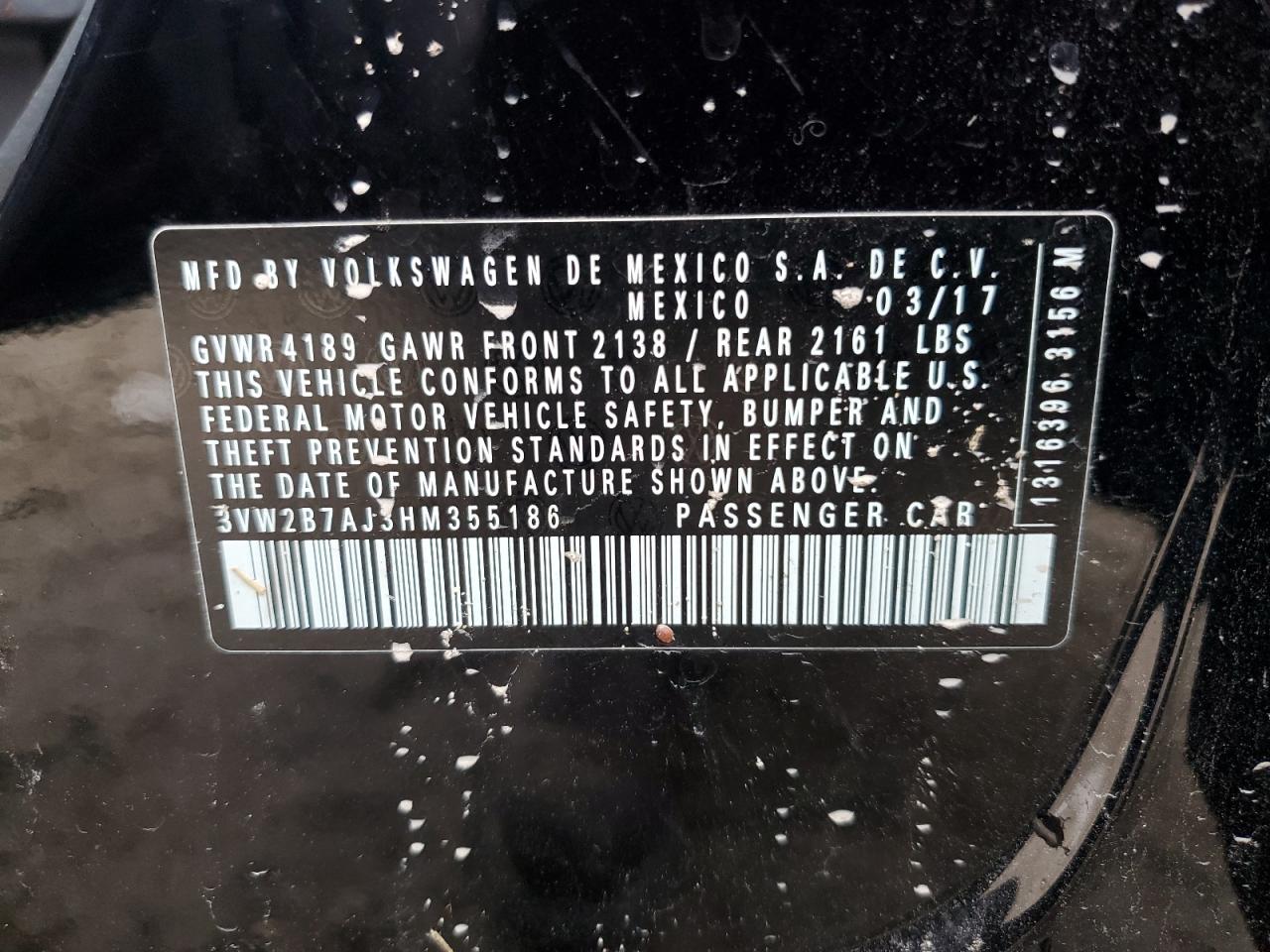 2017 Volkswagen Jetta S VIN: 3VW2B7AJ3HM355186 Lot: 72313574