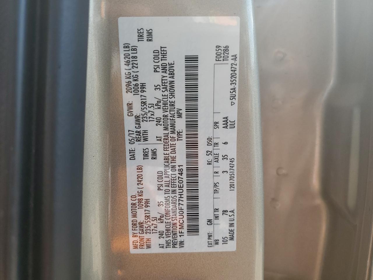 1FMCU0F77HUE07481 2017 Ford Escape S