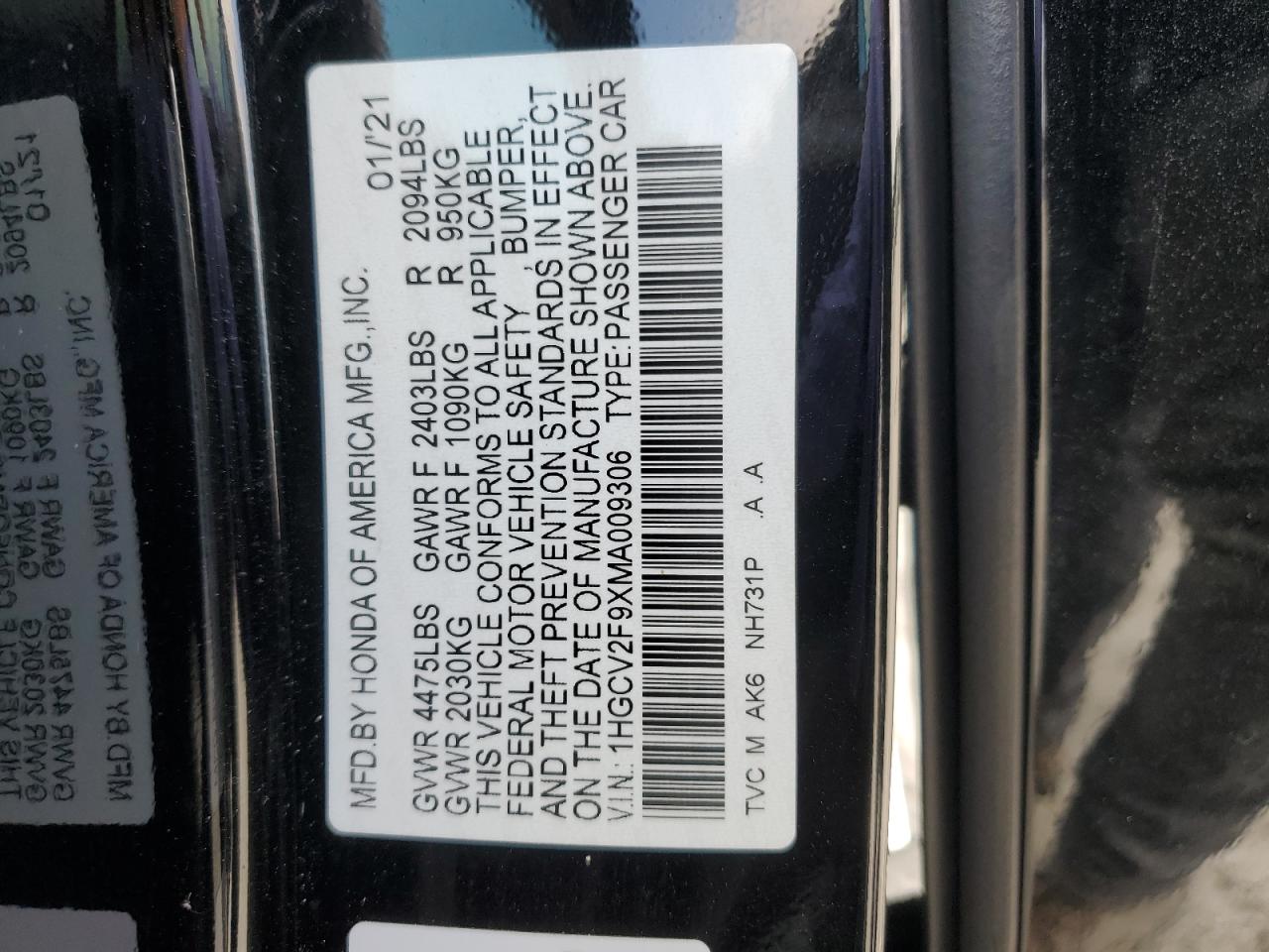 2021 Honda Accord Touring VIN: 1HGCV2F9XMA009306 Lot: 71401144