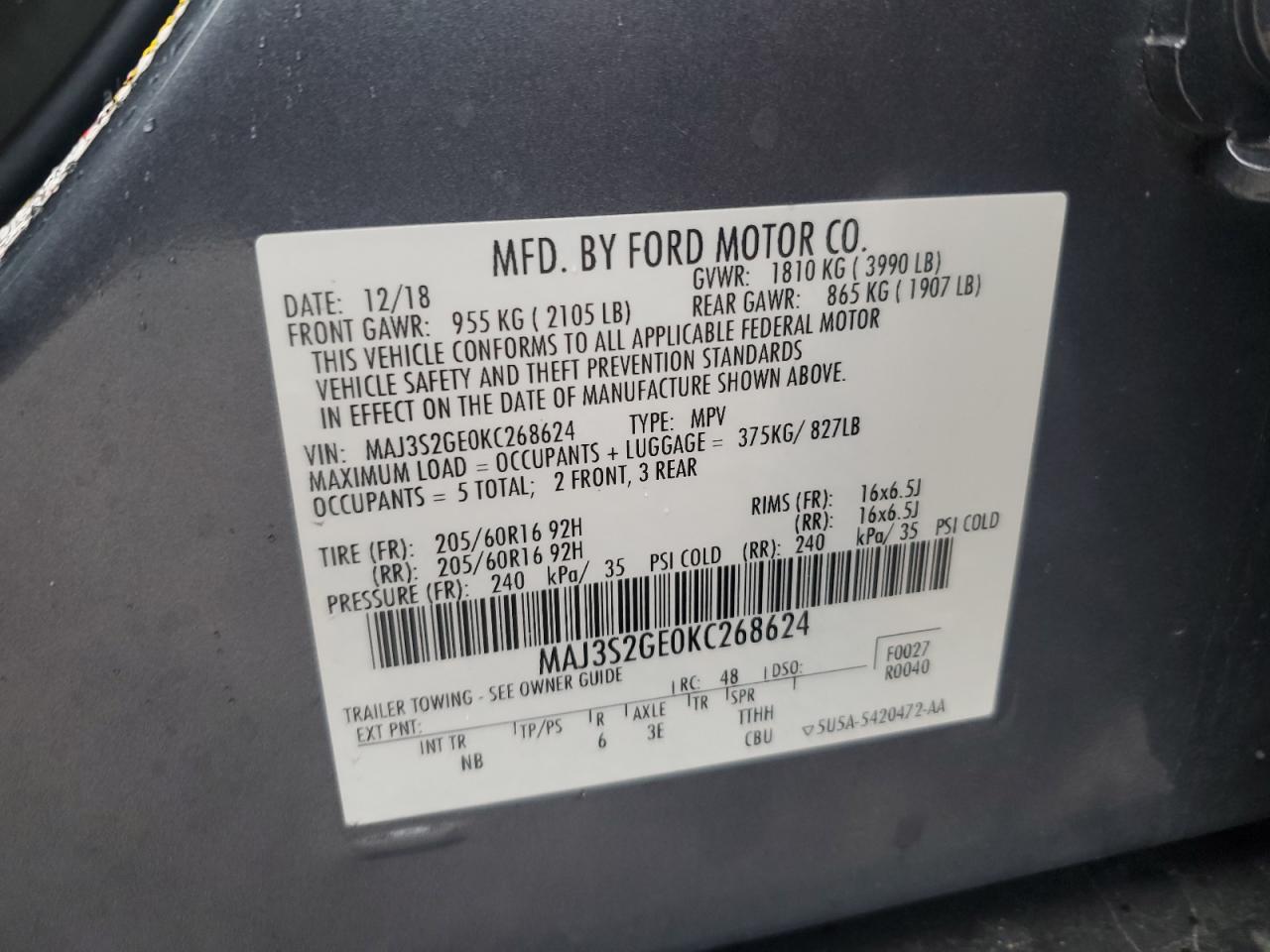 MAJ3S2GE0KC268624 2019 Ford Ecosport Se