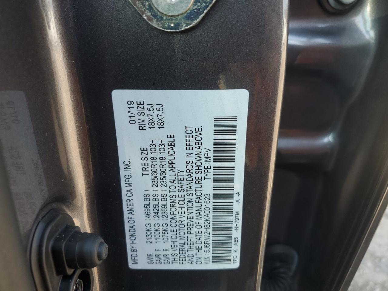 5J6RW2H82KA001623 2019 Honda Cr-V Exl